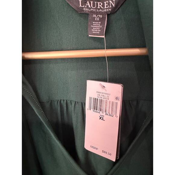 Lauren Ralph Lauren Green Blouse Tie Front Ruched Short Sleeve Size XL NWT - Picture 5 of 7